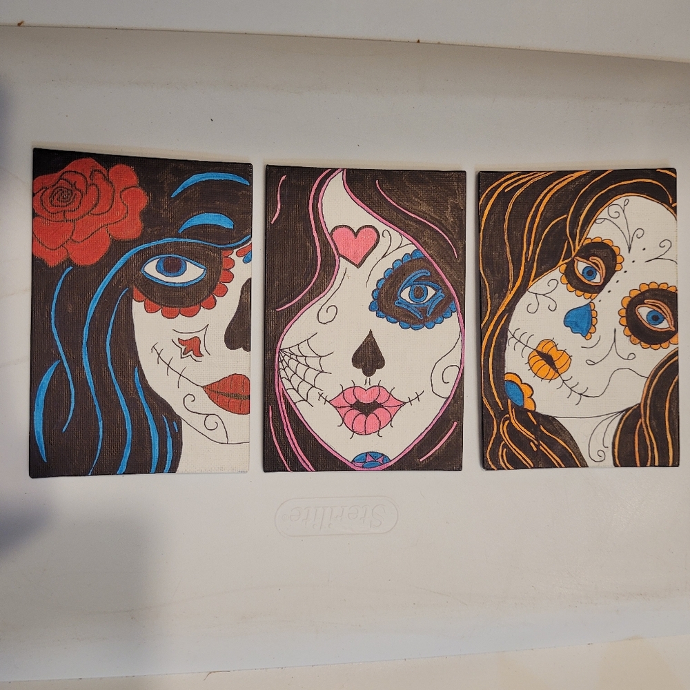 Handmade 3 piece 3x5 sugar skull canvas panels